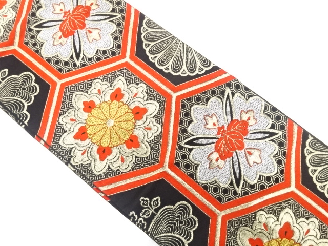 アンティーク　亀甲に華紋織り出し袋帯（着用可）